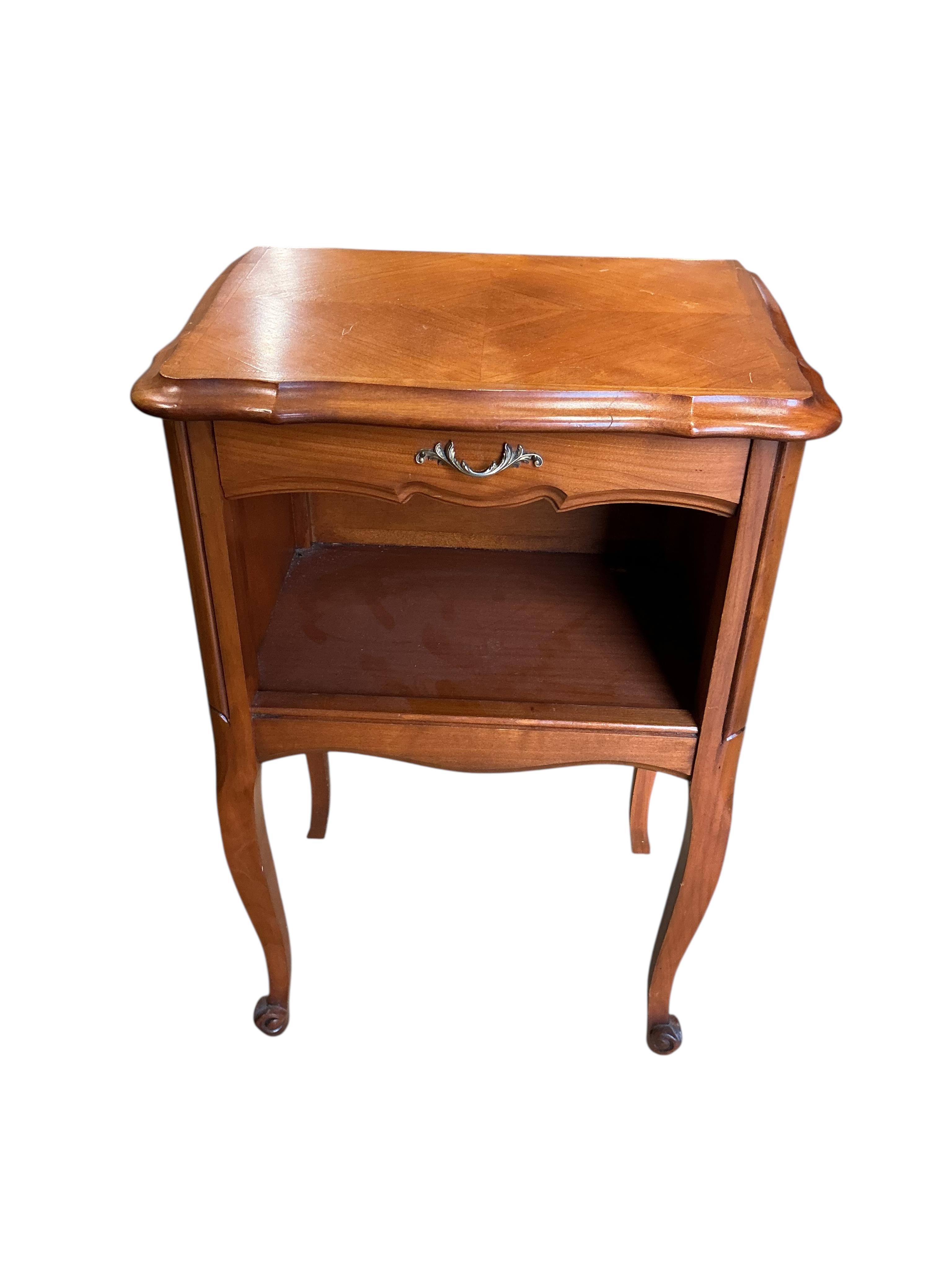 A pair of French cherry bedside cabinets, width 43cm, depth 31cm, height 66cm